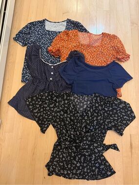 Mixed Floral & Solid Women's Tops - Navy, Orange, Black